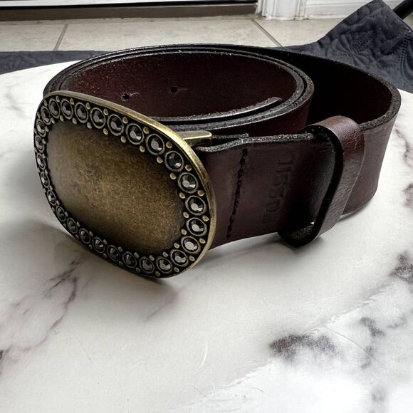 Fossil Vintage Bejeweled Brass Buckle Genuine Leather Belt Western Glam SZ M:NWT - Picture 2 of 9